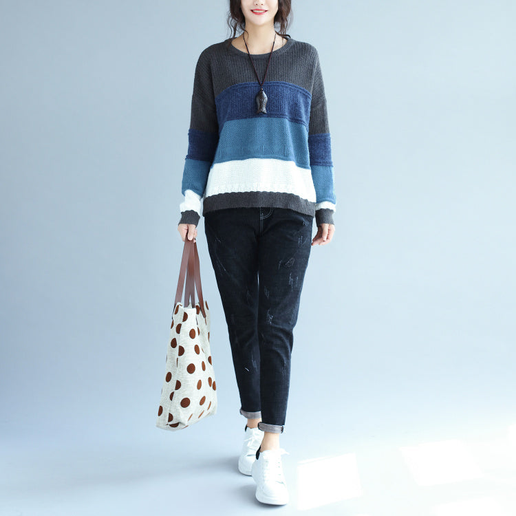 Autumn Winter Patchwork Woolen Knit Tops Blue Gray Striped Sweater