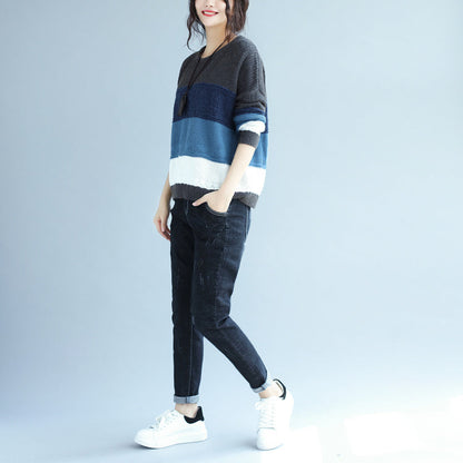 Autumn Winter Patchwork Woolen Knit Tops Blue Gray Striped Sweater