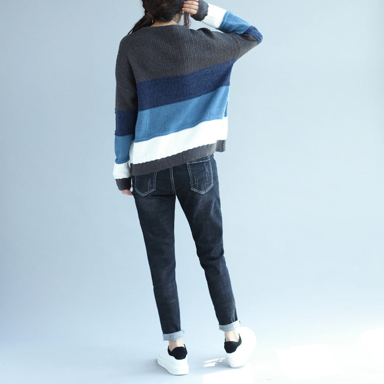 Autumn Winter Patchwork Woolen Knit Tops Blue Gray Striped Sweater