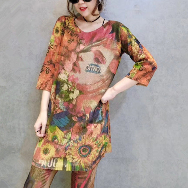 Autumn Stylish Prints Cotton Knit Tops Loose Fit Bracelet Sleeved Mid Long Sweater