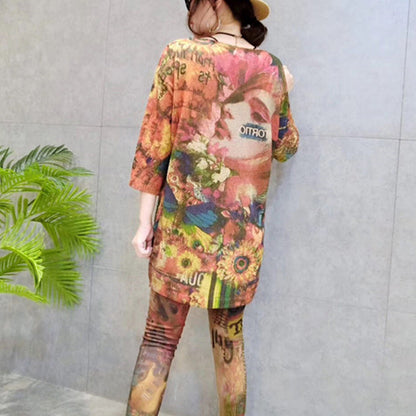 Autumn Stylish Prints Cotton Knit Tops Loose Fit Bracelet Sleeved Mid Long Sweater