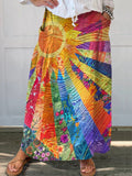 Women's Colorful Bohemian Sun Floral Collage Art Print Linen Pocket Sk