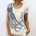 Comstylish Retro Japanese Art Octopus And Crab Linen Casual T-Shirt