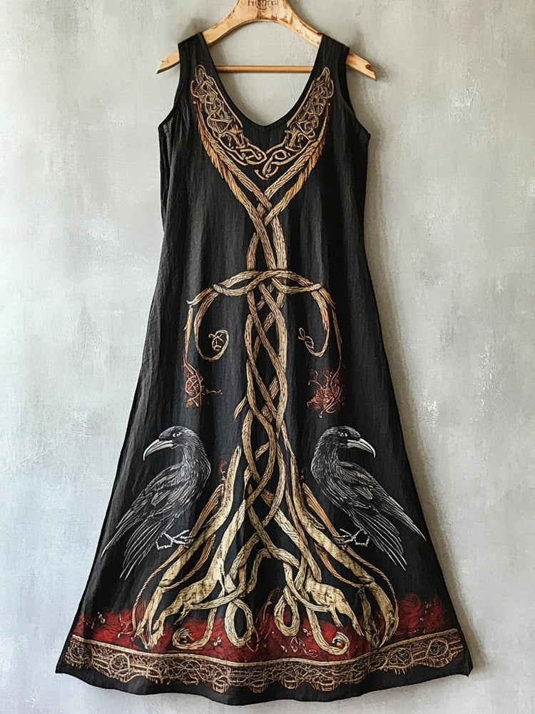 Tree Of Life & Raven Pattern Vintage Linen Vest Dress artswardrobe