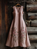 Classy Pink Roses Embroidered Linen Maxi Dress artswardrobe