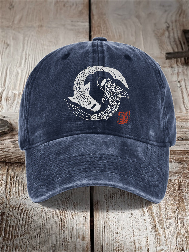 Comstylish Carp Fish Contrast Japanese Lino Art Washed Cap