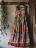 Vintage Bohemian Lavender Embroidery Patchwork Art Sleeveless  Cozy Linen Maxi Dress artswardrobe