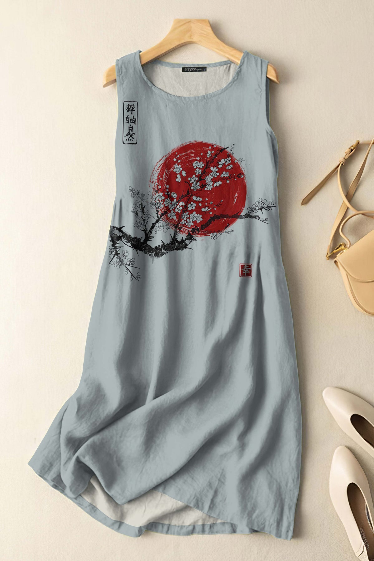 Comstylish Vintage Japanese Ink Flower Sunrise Art Print Sleeveless Cotton And Linen Midi Dress