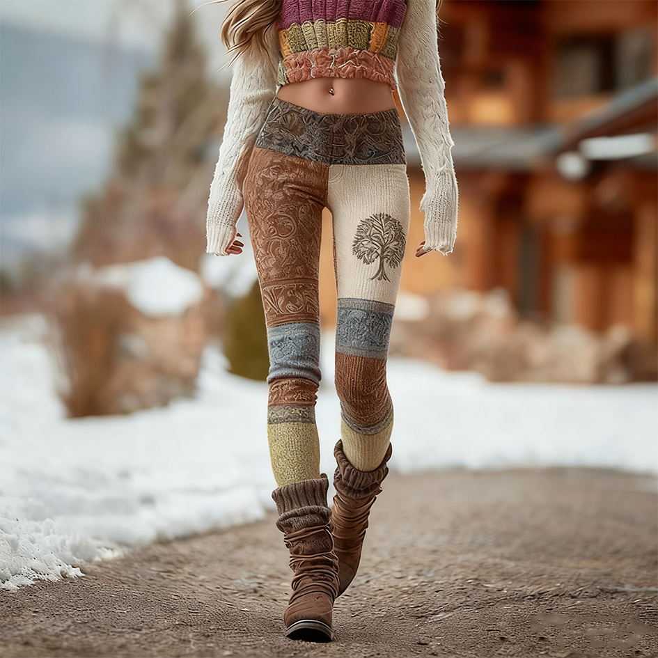 Comstylish Bohemian Color-blocked Retro Print Women's Knitted Tight-fitting Leggings