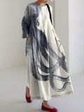 Japanese Art Octopus Print Casual Art Linen Blend Long Sleeve Maxi Dre