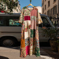 Countryside Style Collection Classy Patchwork Sunflower And Floral Pattern Art Linen Maxi Dress