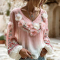 Women's Pink Rose Embroidery Art V Neck Long Sleeve Linen Blend T-shirt elevenforest