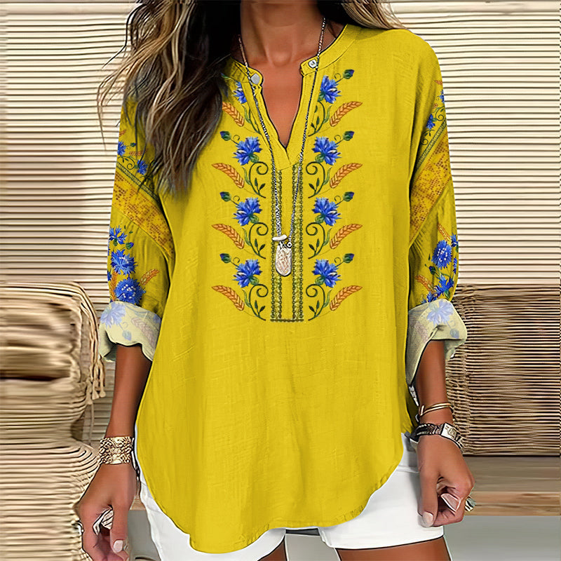 Comstylish Women's Ukraine Embroidered Flower V-neck Linen Blend Blouse