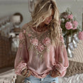 Comstylish Vintage Boho Pink Flowers Embroidered Cozy Linen Tunic