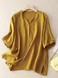 Women's Summer V-neck Side-opening Cotton&Linen Short Sleeve Shirt 