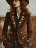 Comstylish Women's Retro British Style Plant Flower Embroidery Velvet Suit Coat