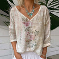 Women's Vintage Floral Print V-neck Loose Linen Blend T-shirt artswardrobe