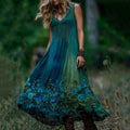 Vintage Classy Gradient Blue Rose And Floral Embroidered Linen V Neck Maxi Dress artswardrobe
