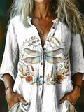 Women's Dragonfly Floral Pattern Art Print Casual Cotton Linen Shirt