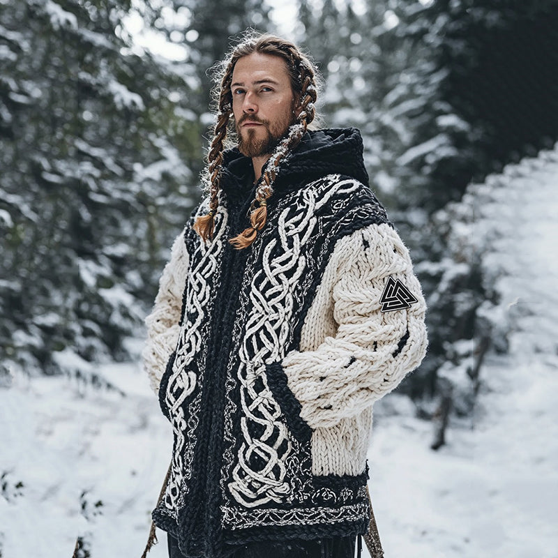 Men's Viking Tribal Jacquard Celtic Chunky Knit Zipper Hooded Cardigan artswardrobe