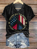 Women's Hippie Peace Patriotic Flag Print V-neck Casual T-Shirt
