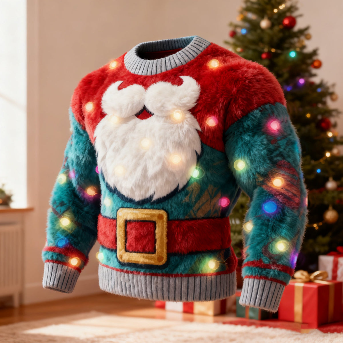 Comstylish Men's Funny Christmas Santa Beard Pattern Flannel Sweatshirt