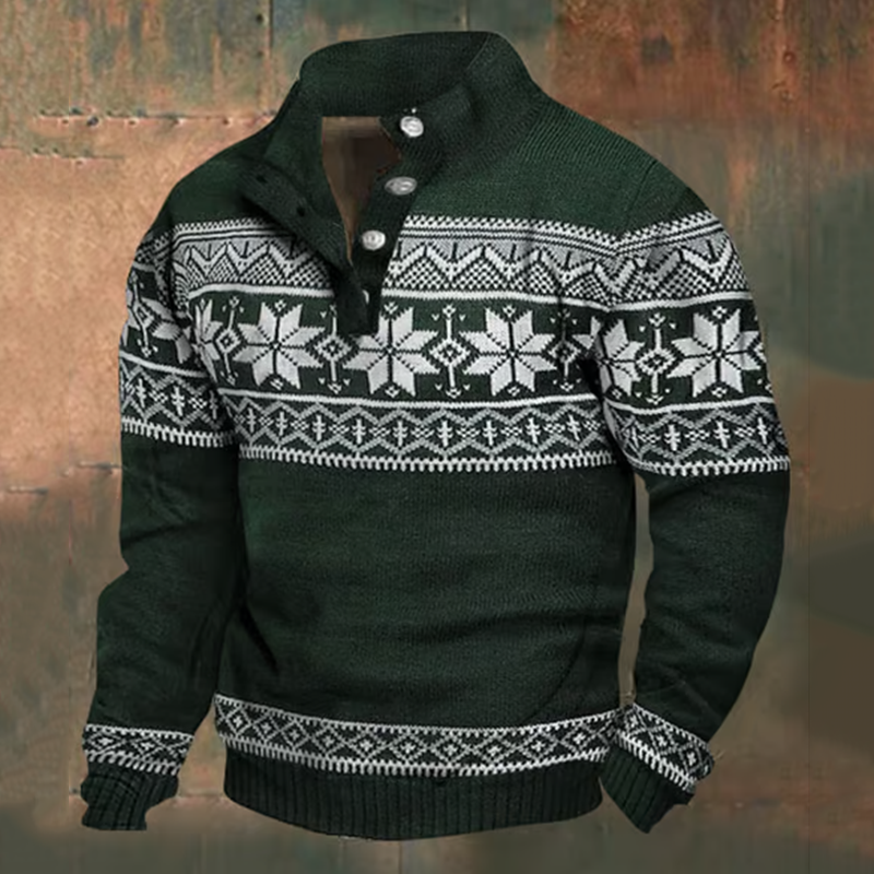 Comstylish Men's Christmas Snowflake Pattern Stand Collar Button Sweatshirt