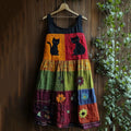 Vintage Black Cat Peeking With Floral Patchwork Art Linen Tank Dress artswardrobe