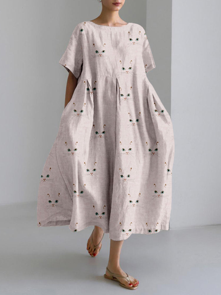 Comstylish Cute Cat Face Pattern Linen Blend Cozy Maxi Dress
