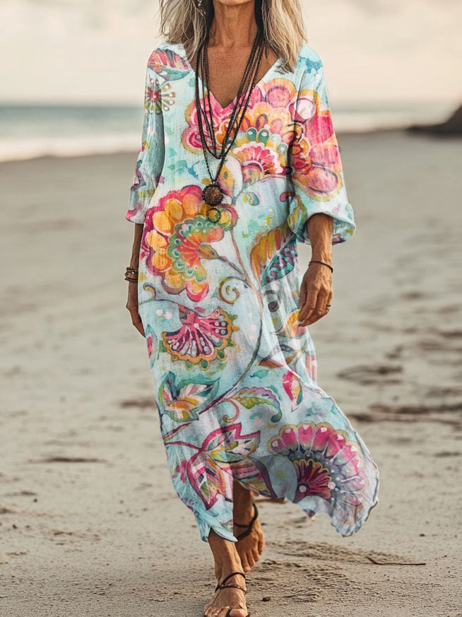 Women's Floral Art Print Pocket Cotton Dresses