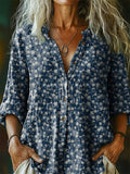 Women's Vintage Floral Art Print Casual Cotton And Linen Shirt