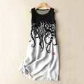 Comstylish Vintage Japanese Art Octopus Legs Print Sleeveless Cotton And Linen Midi Dress