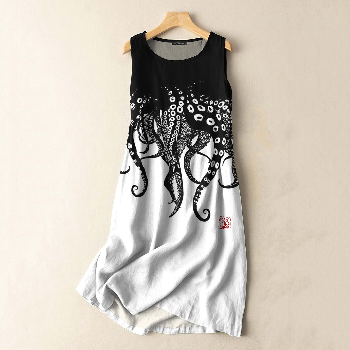 Comstylish Vintage Japanese Art Octopus Legs Print Sleeveless Cotton And Linen Midi Dress