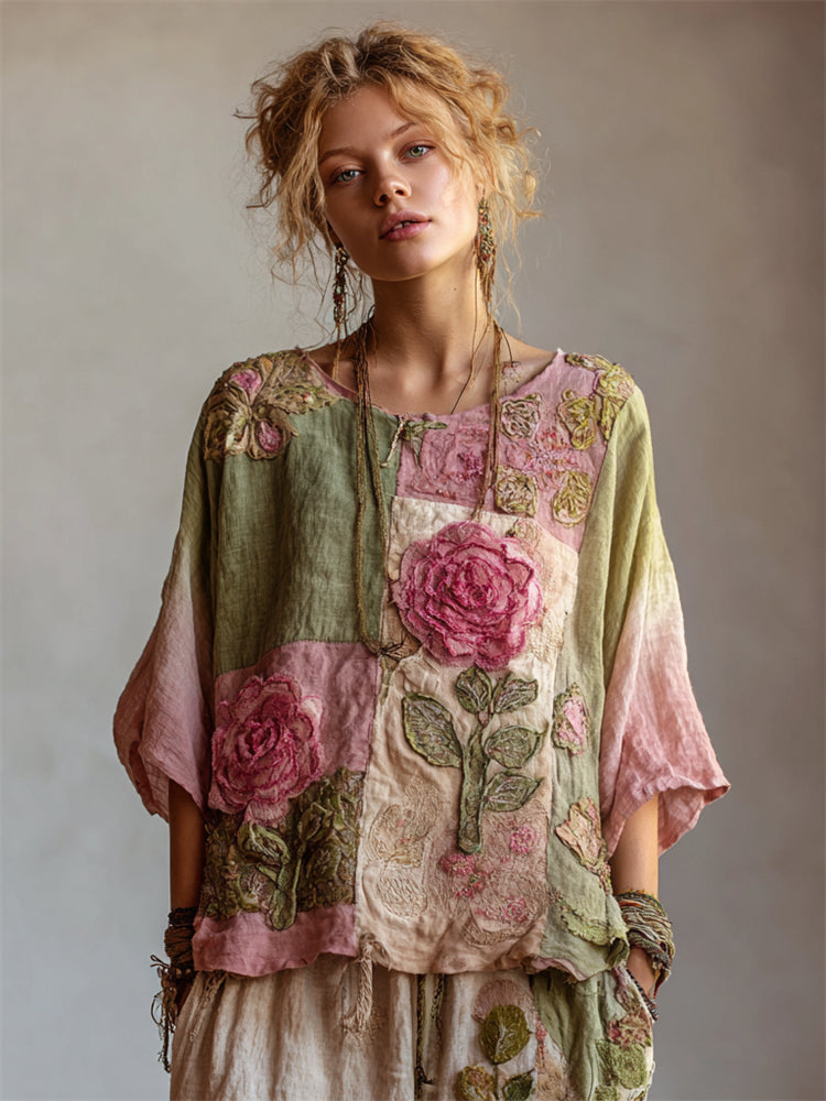 Vintage Pink Roses Cottagecore Patchwork Linen Tunic