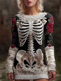 Comstylish Halloween Skeleton & Floral Bandage Art Women's Crew Neck Knit Mini Dress