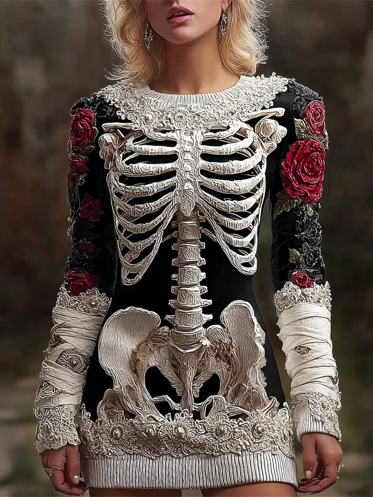 Comstylish Halloween Skeleton & Floral Bandage Art Women's Crew Neck Knit Mini Dress