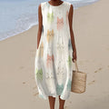 Women's Vintage Cat's Abstract Gradient Art Linen Tank Midi Dress elevenforest
