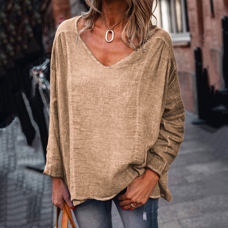Women's Retro Solid Color Long Sleeve Linen V Neck T-shirt artswardrobe