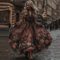 Vintage Black Floral Lace Art V Neck Long Sleeve Maxi Dress artswardrobe