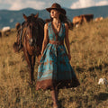 Vintage Western Horse Print V-neck Sleeveless Midi Dress artswardrobe