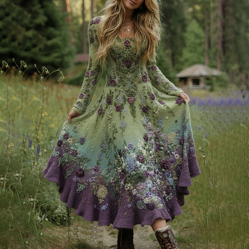 Classy Gradient Purple Lavender And Floral Art Cozy Knit Maxi Dress