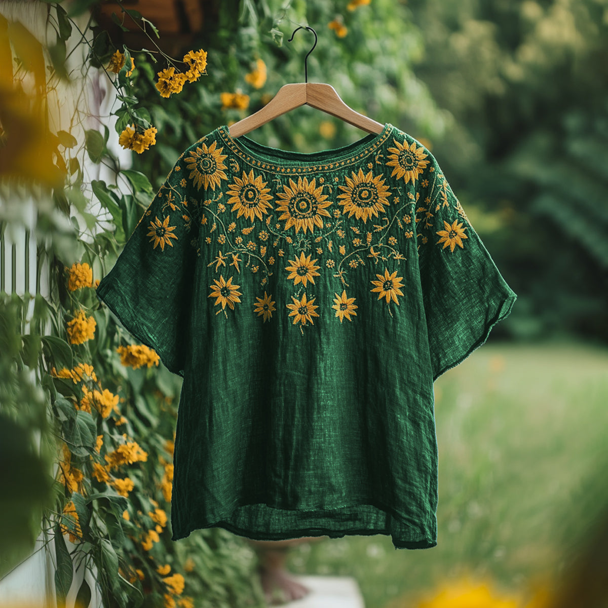 Women's Bohemian Retro Sunflower Round Neck T-shirt artswardrobe