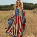 Nomad Spirit Ladies'  Independence Day American Flag Art Linen Long Kaftan Dress artswardrobe