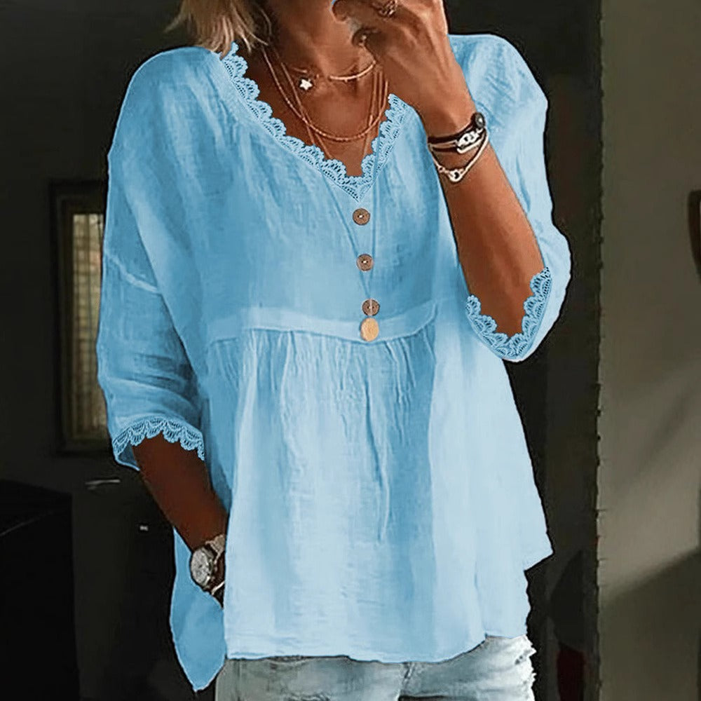 Women's Vintage Casual Lace Cotton And Linen V-neck T-shirt artswardrobe