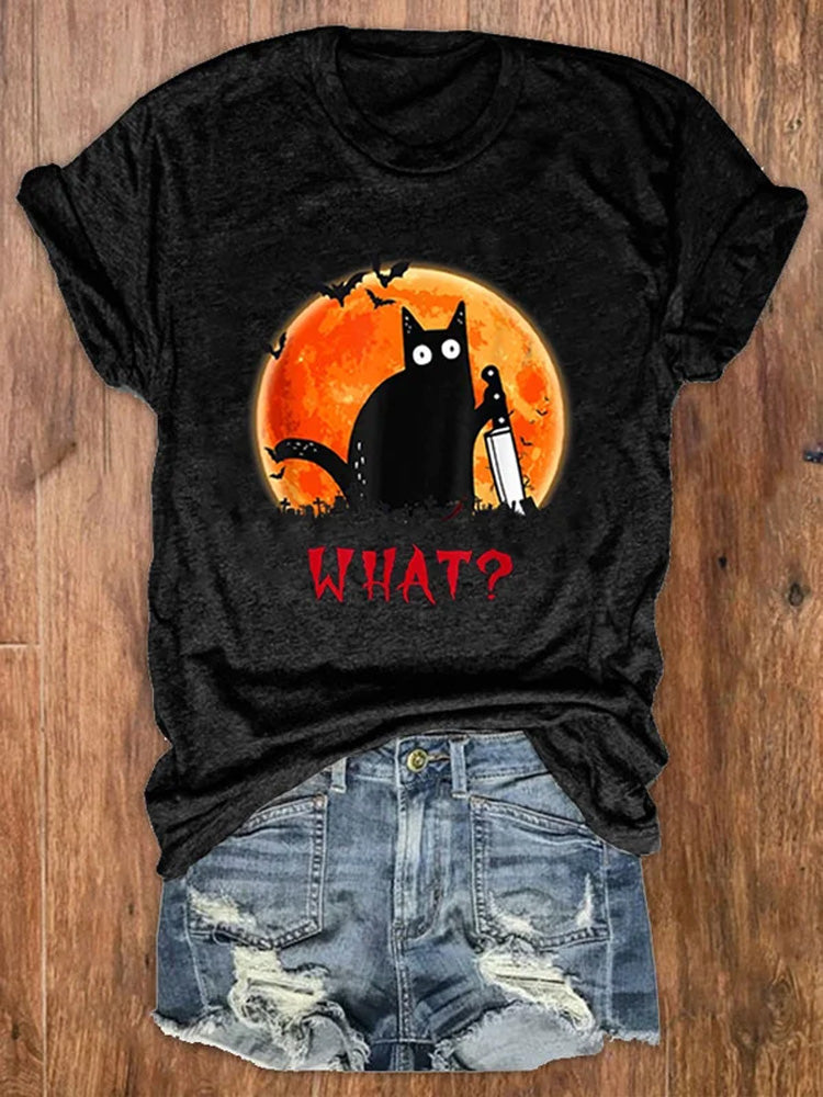Comstylish Women's Halloween Fun Black Cat Print Crew Neck T-Shirt