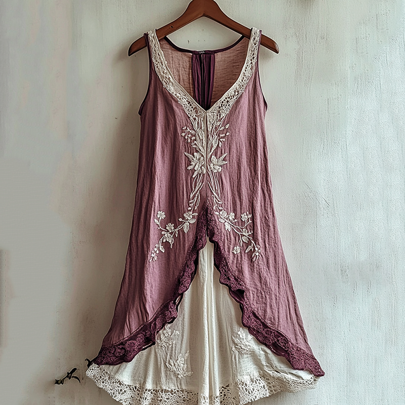Women's Cherry Blossom Lace Art Linen Tank Dress artswardrobe