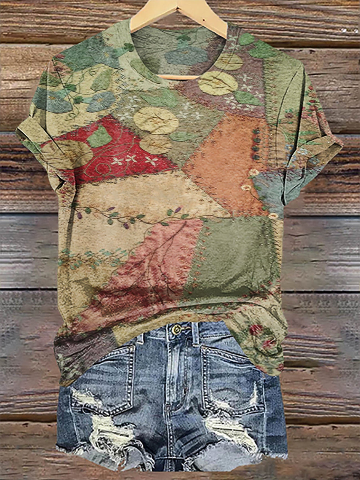 Imitation Retro Patchwork Flat Print T-shirt