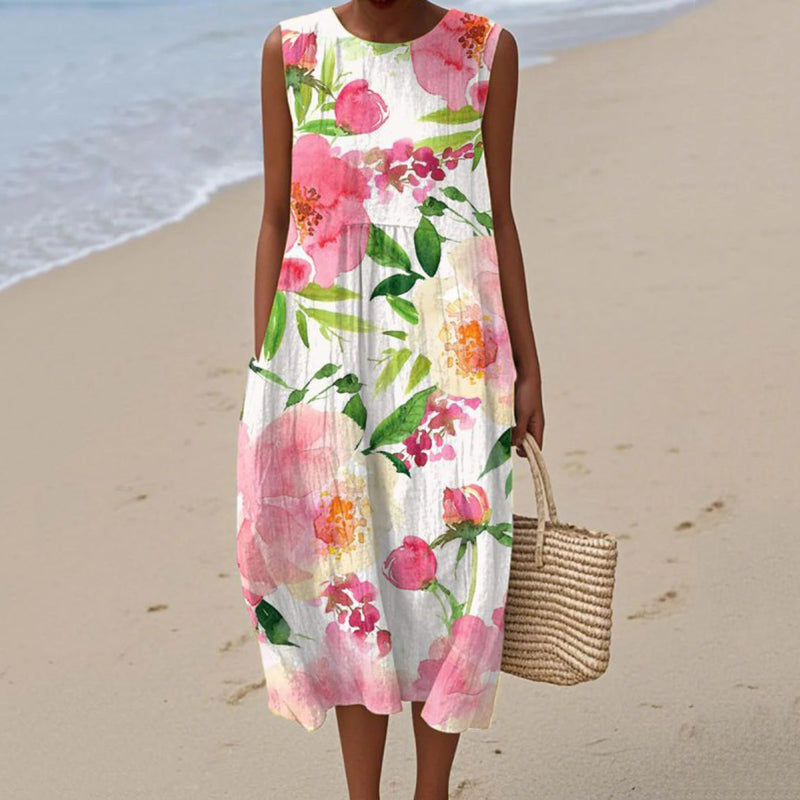 Women's Floral Print Crew Neck Tank Midi Dress artswardrobe