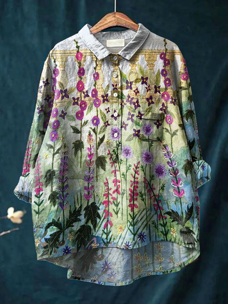 Women's Vintage Flower Art Print Casual Cotton And Linen Shirt