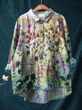 Women's Vintage Flower Art Print Casual Cotton And Linen Shirt
